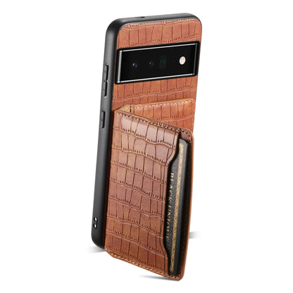 For Google Pixel 6 Pro Crocodile Texture Card Bag Design Full Coverage Phone Case(Brown) - Google Cases by buy2fix | Online Shopping UK | buy2fix