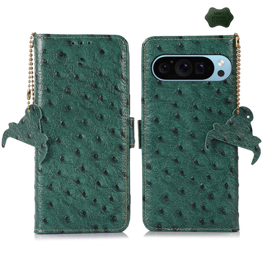 For Google Pixel 9 Ostrich Pattern Genuine Leather RFID Phone Case(Green) - Google Cases by buy2fix | Online Shopping UK | buy2fix