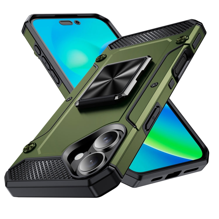 For iPhone 16 Plus Shockproof Metal Holder Phone Case(Olive Green) - iPhone 16 Plus Cases by buy2fix | Online Shopping UK | buy2fix