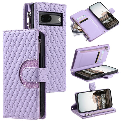 For Google Pixel 7 5G Glitter Lattice Zipper Wallet Leather Phone Case(Purple) - Google Cases by buy2fix | Online Shopping UK | buy2fix