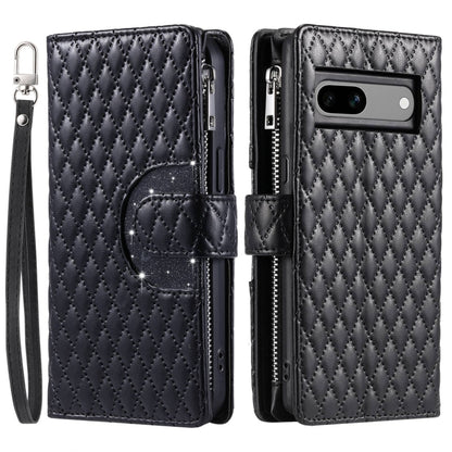 For Google Pixel 7a Glitter Lattice Zipper Wallet Leather Phone Case(Black) - Google Cases by buy2fix | Online Shopping UK | buy2fix