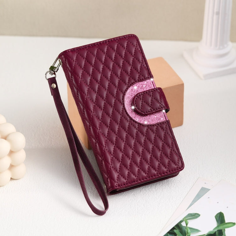 For Google Pixel 7 Pro 5G Glitter Lattice Zipper Wallet Leather Phone Case(Wine Red) - Google Cases by buy2fix | Online Shopping UK | buy2fix