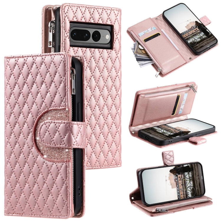 For Google Pixel 7 Pro 5G Glitter Lattice Zipper Wallet Leather Phone Case(Rose Gold) - Google Cases by buy2fix | Online Shopping UK | buy2fix