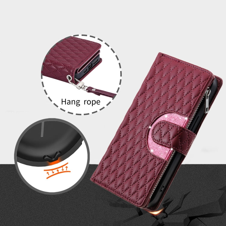 For Google Pixel 8 Glitter Lattice Zipper Wallet Leather Phone Case(Wine Red) - Google Cases by buy2fix | Online Shopping UK | buy2fix