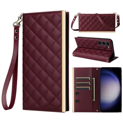 For Samsung Galaxy S23 5G Crossbody Rhombic Sucker Leather Phone Case(Claret) - Galaxy S23 5G Cases by buy2fix | Online Shopping UK | buy2fix