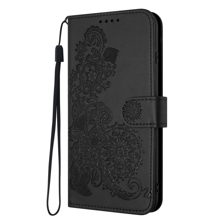 For iPhone 16 Plus Datura Flower Embossed Flip Leather Phone Case(Black) - iPhone 16 Plus Cases by buy2fix | Online Shopping UK | buy2fix