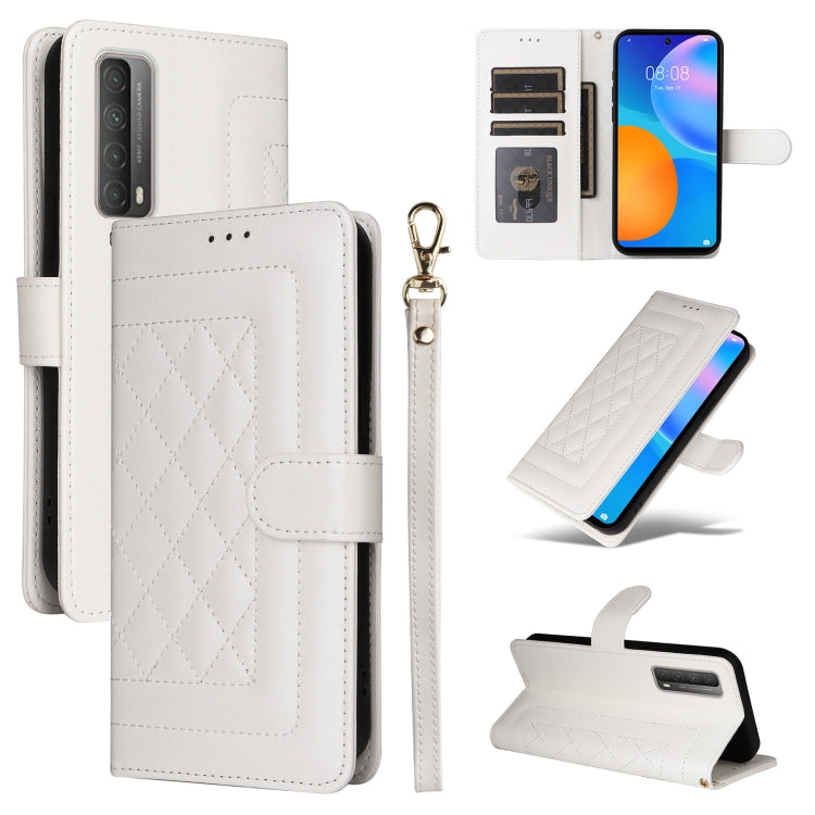 For Huawei P Smart 2021 Diamond Lattice Leather Flip Phone Case(White) - Huawei Cases by buy2fix | Online Shopping UK | buy2fix