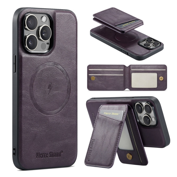 For iPhone 15 Pro Max Fierre Shann Oil Wax Cow Leather Magnetic Card Holder Phone Case(Purple) - iPhone 15 Pro Max Cases by FIERRE SHANN | Online Shopping UK | buy2fix