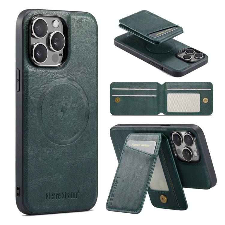 For iPhone 16 Pro Max Fierre Shann Oil Wax Cow Leather Magnetic Card Holder Phone Case(Green) - iPhone 16 Pro Max Cases by FIERRE SHANN | Online Shopping UK | buy2fix