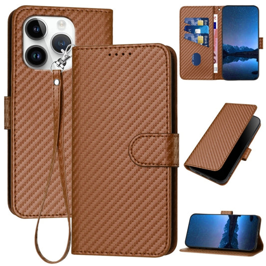 For iPhone 16 Pro YX0070 Carbon Fiber Buckle Leather Phone Case with Lanyard(Coffee) - iPhone 16 Pro Cases by buy2fix | Online Shopping UK | buy2fix