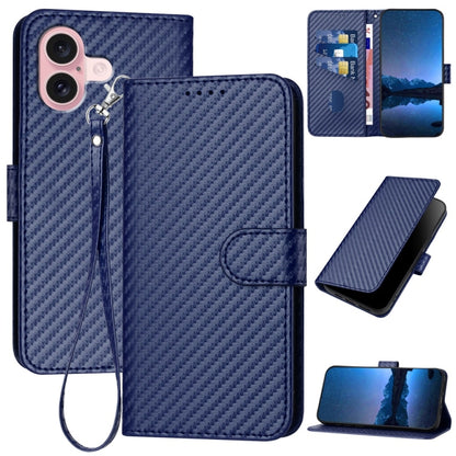 For iPhone 16 YX0070 Carbon Fiber Buckle Leather Phone Case with Lanyard(Royal Blue) - iPhone 16 Cases by buy2fix | Online Shopping UK | buy2fix