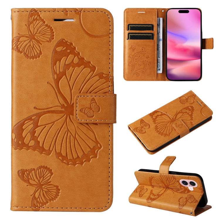 For iPhone 16 3D Butterfly Embossed Pattern Flip Leather Phone Case(Yellow) - iPhone 16 Cases by buy2fix | Online Shopping UK | buy2fix