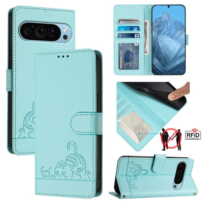 For Google Pixel 9 / 9 Pro Cat Rat Embossed Pattern RFID Leather Phone Case with Lanyard(Mint Green) - Google Cases by buy2fix | Online Shopping UK | buy2fix