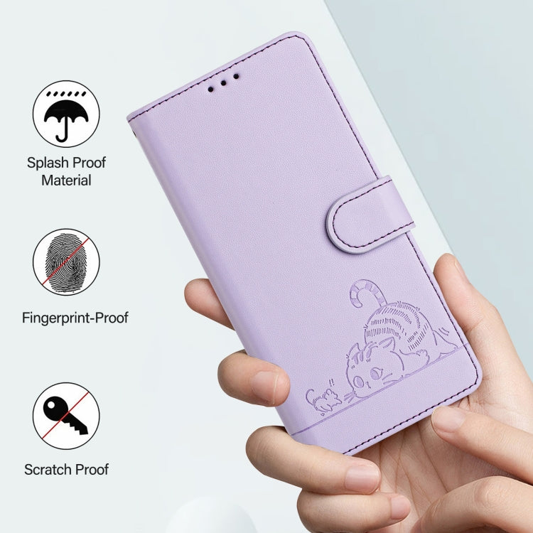 For Google Pixel 9 / 9 Pro Cat Rat Embossed Pattern RFID Leather Phone Case with Lanyard(Purple) - Google Cases by buy2fix | Online Shopping UK | buy2fix