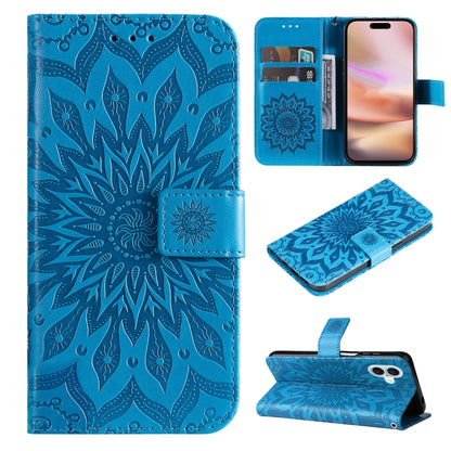 For iPhone 16 Plus Embossed Sunflower Pattern Flip Leather Phone Case(Blue) - iPhone 16 Plus Cases by buy2fix | Online Shopping UK | buy2fix