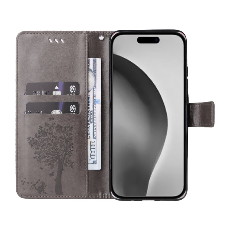 For iPhone 16 Pro Max Tree & Cat Embossed Pattern Flip Leather Phone Case(Grey) - iPhone 16 Pro Max Cases by buy2fix | Online Shopping UK | buy2fix