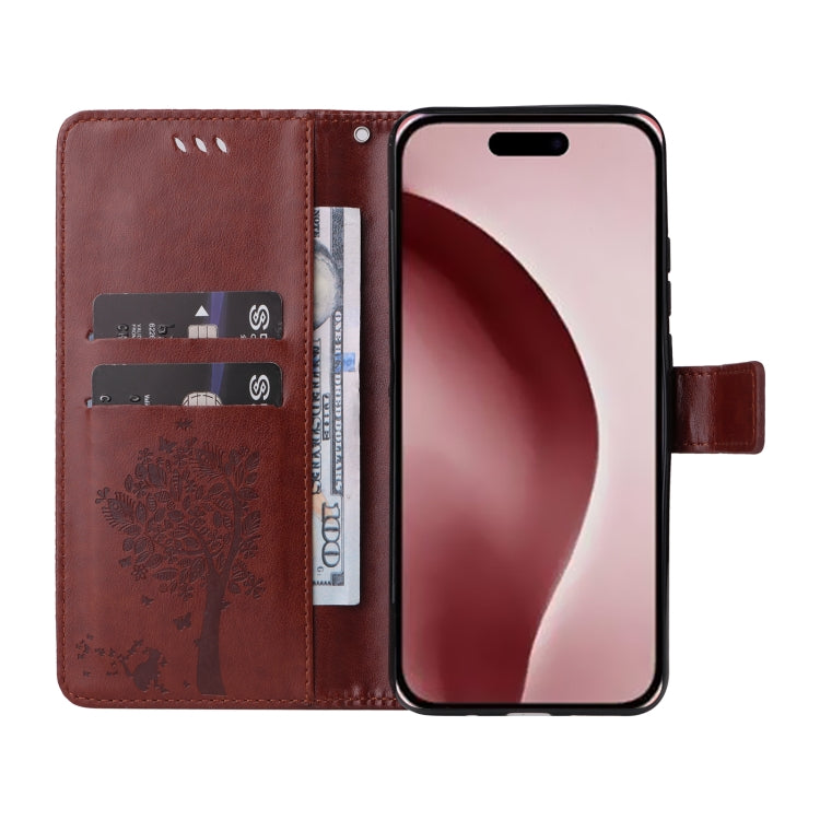 For iPhone 16 Pro Tree & Cat Embossed Pattern Flip Leather Phone Case(Coffee) - iPhone 16 Pro Cases by buy2fix | Online Shopping UK | buy2fix