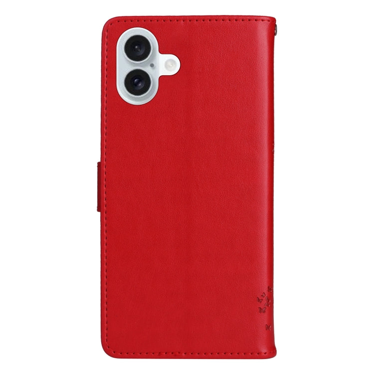 For iPhone 16 Plus Tree & Cat Embossed Pattern Flip Leather Phone Case(Red) - iPhone 16 Plus Cases by buy2fix | Online Shopping UK | buy2fix