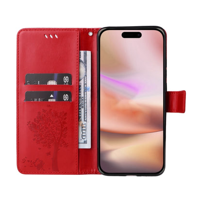 For iPhone 16 Plus Tree & Cat Embossed Pattern Flip Leather Phone Case(Red) - iPhone 16 Plus Cases by buy2fix | Online Shopping UK | buy2fix