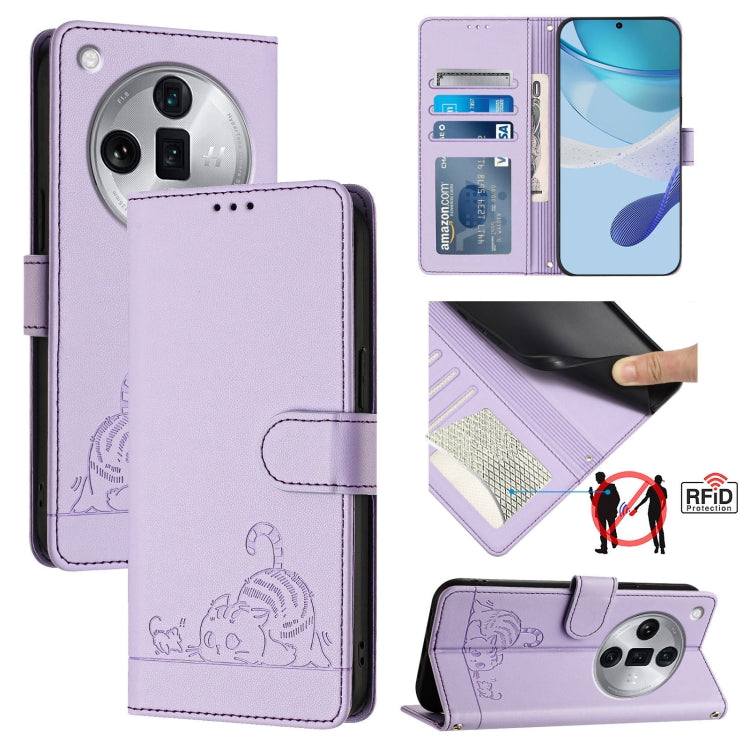 For OPPO Find X7 Ultra Cat Rat Embossed Pattern RFID Leather Phone Case with Lanyard(Purple) - Find X7 Ultra Cases by buy2fix | Online Shopping UK | buy2fix