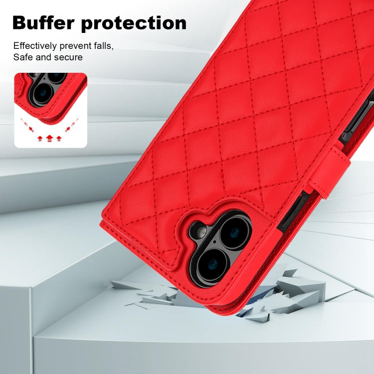 For iPhone 16 Crossbody Multifunction Rhombic Leather Phone Case(Red) - iPhone 16 Cases by buy2fix | Online Shopping UK | buy2fix