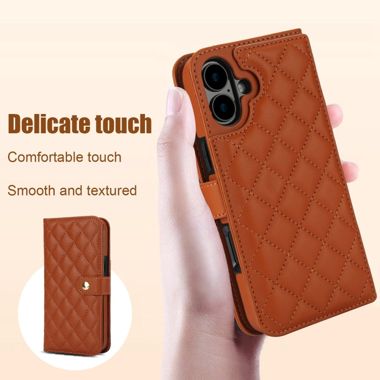 For iPhone 16 Crossbody Multifunction Rhombic Leather Phone Case(Brown) - iPhone 16 Cases by buy2fix | Online Shopping UK | buy2fix