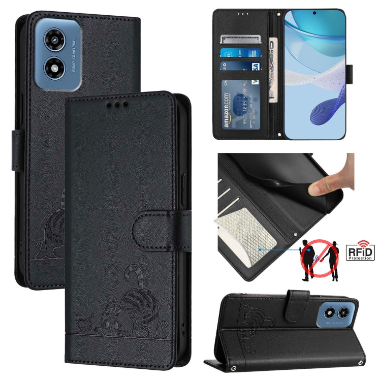 For Motorola Moto G Play 5G 2024 Global Cat Rat Embossed Pattern RFID Leather Phone Case with Lanyard(Black) - Motorola Cases by buy2fix | Online Shopping UK | buy2fix