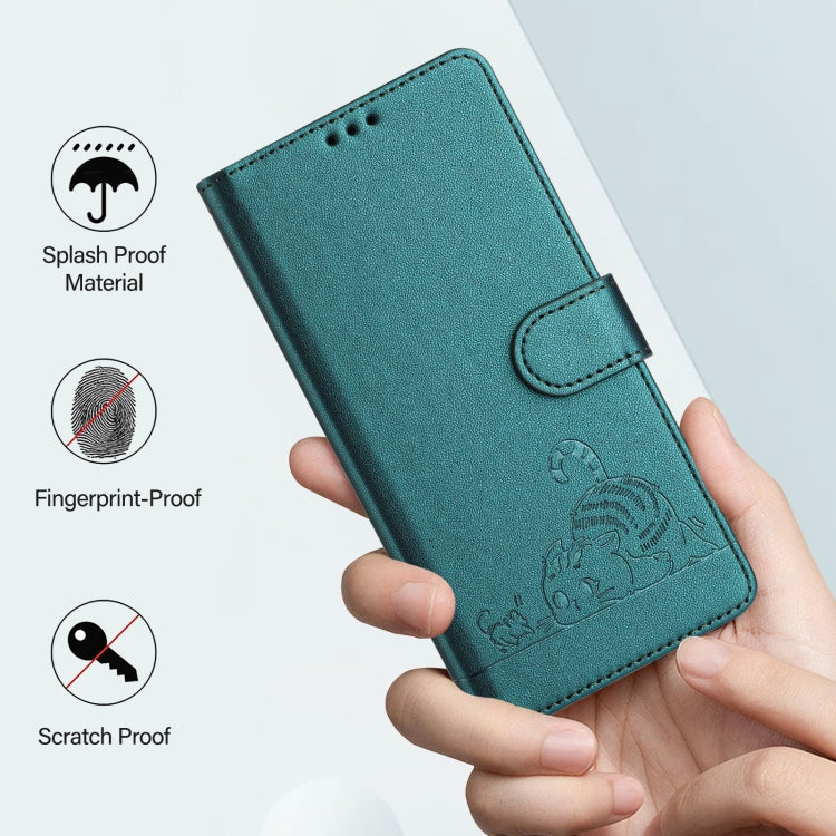 For Motorola Moto G 5G 2024 Global Cat Rat Embossed Pattern RFID Leather Phone Case with Lanyard(Peacock Green) - Motorola Cases by buy2fix | Online Shopping UK | buy2fix