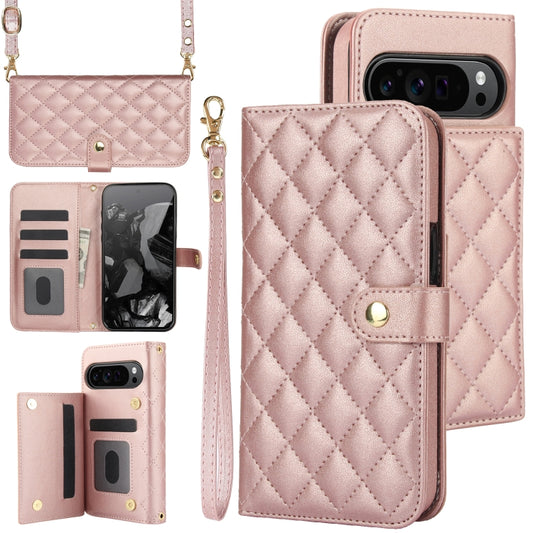 For Google Pixel 9 Crossbody Multifunction Rhombic Leather Phone Case(Rose Gold) - Google Cases by buy2fix | Online Shopping UK | buy2fix