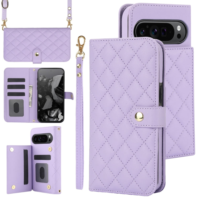 For Google Pixel 9 Crossbody Multifunction Rhombic Leather Phone Case(Purple) - Google Cases by buy2fix | Online Shopping UK | buy2fix