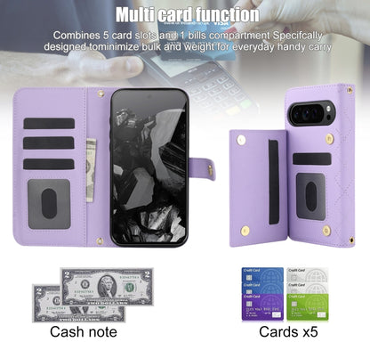 For Google Pixel 9 Crossbody Multifunction Rhombic Leather Phone Case(Purple) - Google Cases by buy2fix | Online Shopping UK | buy2fix