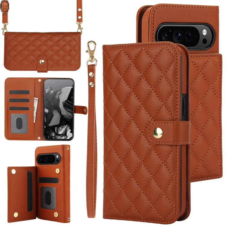 For Google Pixel 9 Crossbody Multifunction Rhombic Leather Phone Case(Brown) - Google Cases by buy2fix | Online Shopping UK | buy2fix