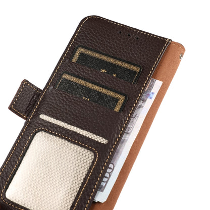 For iPhone 16 Plus KHAZNEH Side-Magnetic Litchi Genuine Leather RFID Case(Brown) - iPhone 16 Plus Cases by buy2fix | Online Shopping UK | buy2fix