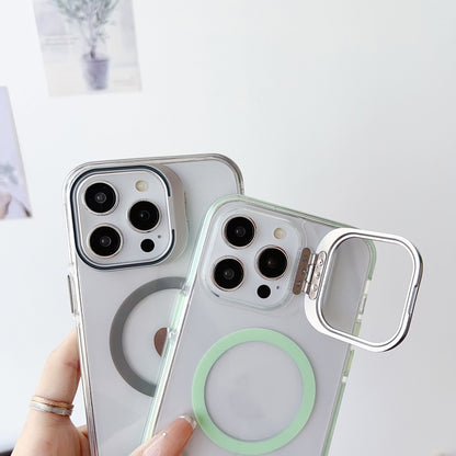 For iPhone 14/13 J2 High Transparent MagSafe Magnetic Frame Holder Phone Case(White) - iPhone 14 Cases by buy2fix | Online Shopping UK | buy2fix