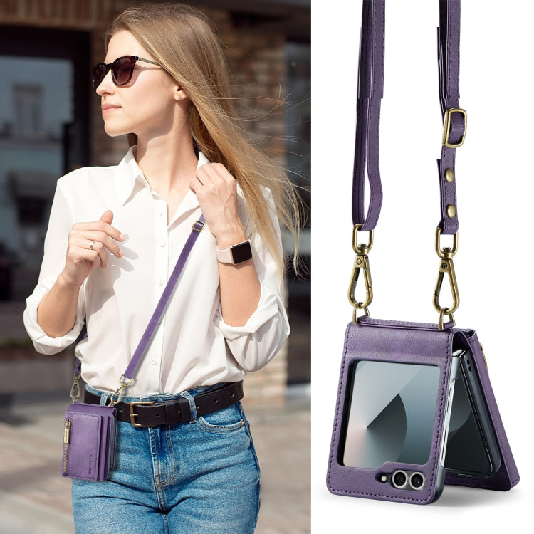 For Samsung Galaxy Z Flip6 DG.MING M5 Series Zip RFID Multi Card Detachable Leather Phone Case with Long Lanyard(Purple) - Galaxy Z Flip6 5G Cases by DG.MING | Online Shopping UK | buy2fix