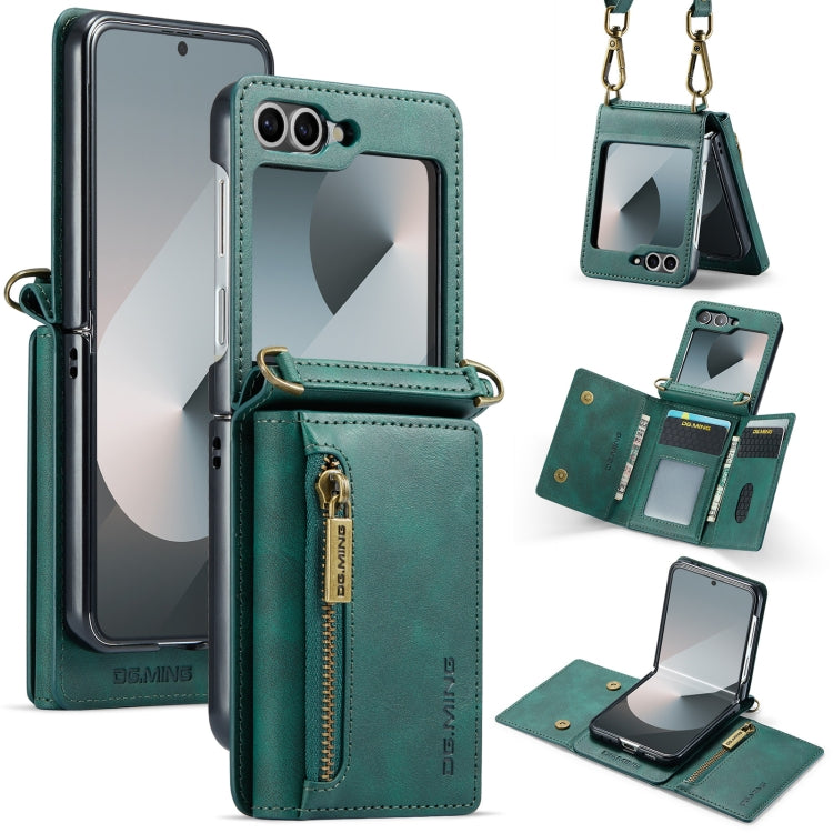 For Samsung Galaxy Z Flip6 DG.MING M5 Series Zip RFID Multi Card Detachable Leather Phone Case with Long Lanyard(Green) - Galaxy Z Flip6 5G Cases by DG.MING | Online Shopping UK | buy2fix