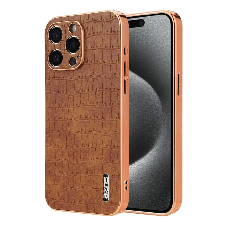 For iPhone 15 Pro Max AZNS Electroplated Frame Crocodile Texture Full Coverage Phone Case(Brown) - iPhone 15 Pro Max Cases by AZNS | Online Shopping UK | buy2fix