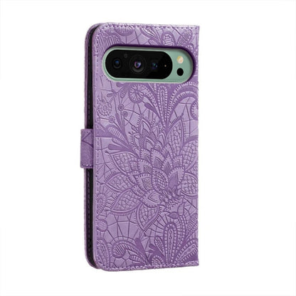 For Google Pixel 9 Lace Flower Embossing Flip Leather Phone Case(Purple) - Google Cases by buy2fix | Online Shopping UK | buy2fix