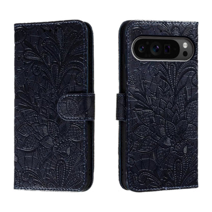 For Google Pixel 9 Pro Lace Flower Embossing Flip Leather Phone Case(Dark Blue) - Google Cases by buy2fix | Online Shopping UK | buy2fix