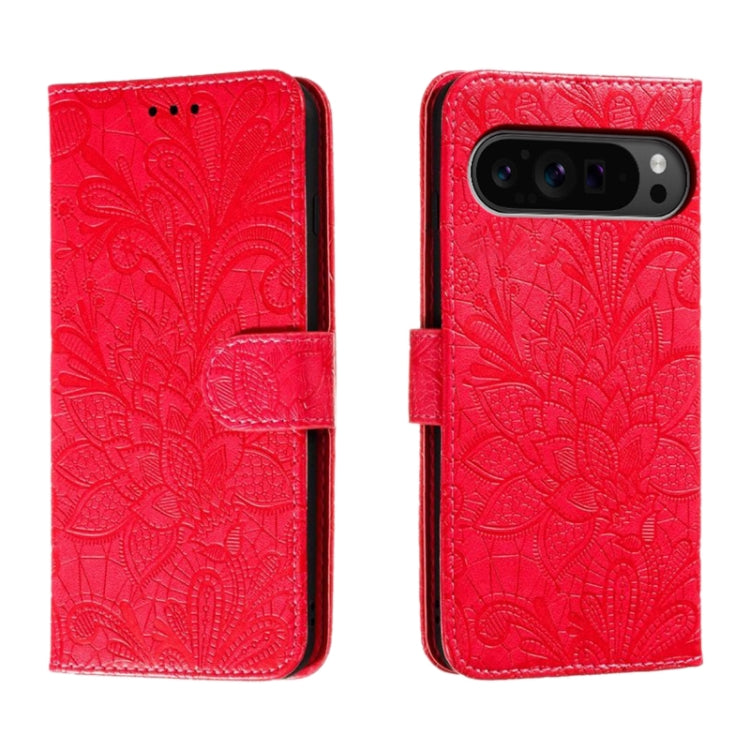 For Google Pixel 9 Pro Lace Flower Embossing Flip Leather Phone Case(Red) - Google Cases by buy2fix | Online Shopping UK | buy2fix