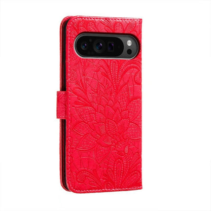 For Google Pixel 9 Pro Lace Flower Embossing Flip Leather Phone Case(Red) - Google Cases by buy2fix | Online Shopping UK | buy2fix