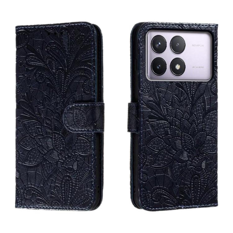 For Xiaomi Redmi K70 Lace Flower Embossing Flip Leather Phone Case(Dark Blue) - K70 Cases by buy2fix | Online Shopping UK | buy2fix