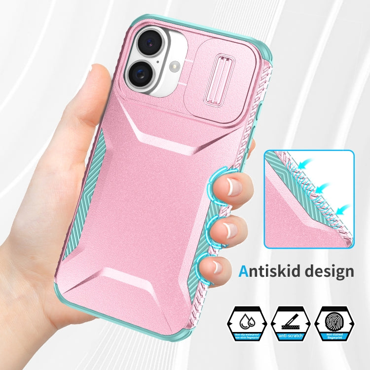 For iPhone 16 Sliding Camshield Phone Case(Pink + Grey Green) - iPhone 16 Cases by buy2fix | Online Shopping UK | buy2fix