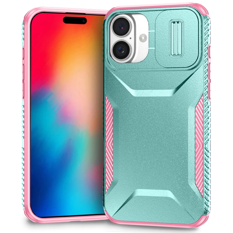 For iPhone 16 Sliding Camshield Phone Case(Grey Green + Pink) - iPhone 16 Cases by buy2fix | Online Shopping UK | buy2fix