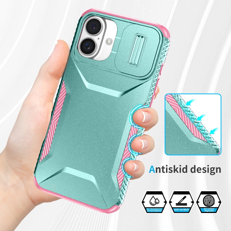 For iPhone 16 Sliding Camshield Phone Case(Grey Green + Pink) - iPhone 16 Cases by buy2fix | Online Shopping UK | buy2fix