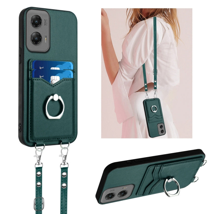 For Motorola Moto G Stylus 5G 2024 R20 Crossbody Rope Ring Card Holder Phone Case(Green) - Motorola Cases by buy2fix | Online Shopping UK | buy2fix