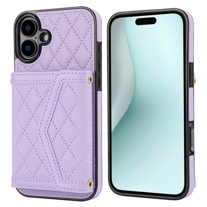 For iPhone 16 Plus Splicing Rhombic Texture Card Bag Phone Case with Long Lanyard(Purple) - iPhone 16 Plus Cases by buy2fix | Online Shopping UK | buy2fix