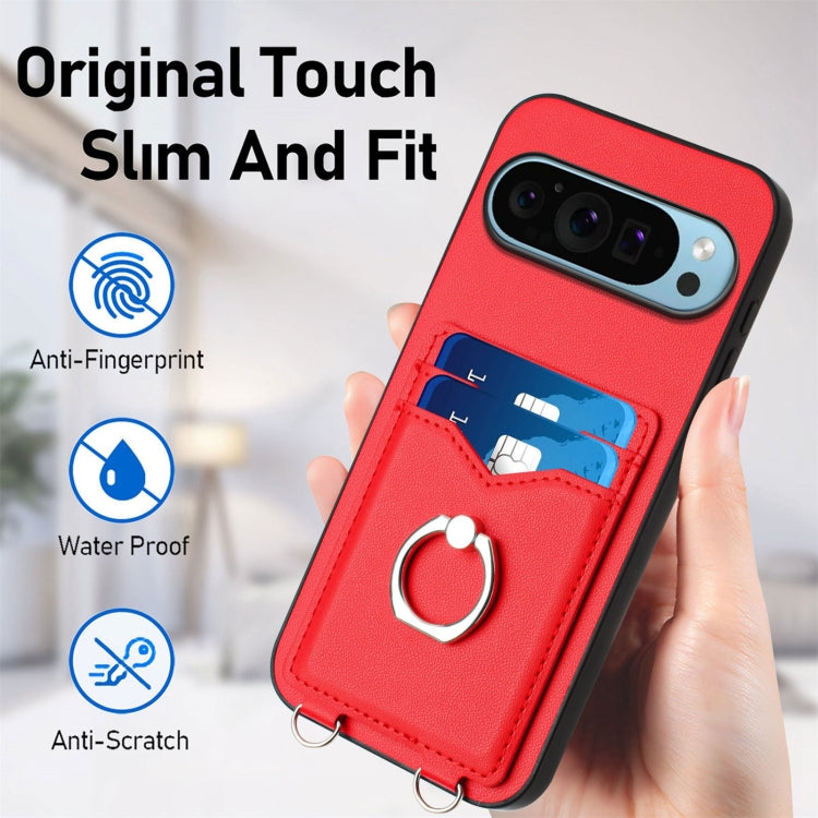 For Google Pixel 9 Pro XL R20 Crossbody Rope Ring Card Holder Phone Case(Red) - Google Cases by buy2fix | Online Shopping UK | buy2fix