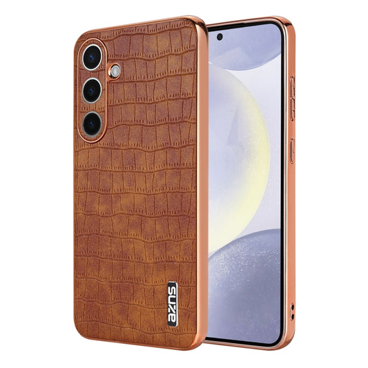 For Samsung Galaxy S25 5G AZNS Electroplated Frame Crocodile Texture Full Coverage Phone Case(Brown) - Galaxy S25 5G Cases by AZNS | Online Shopping UK | buy2fix