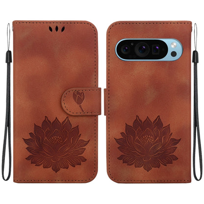 For Google Pixel 9 Lotus Embossed Leather Phone Case(Brown) - Google Cases by buy2fix | Online Shopping UK | buy2fix